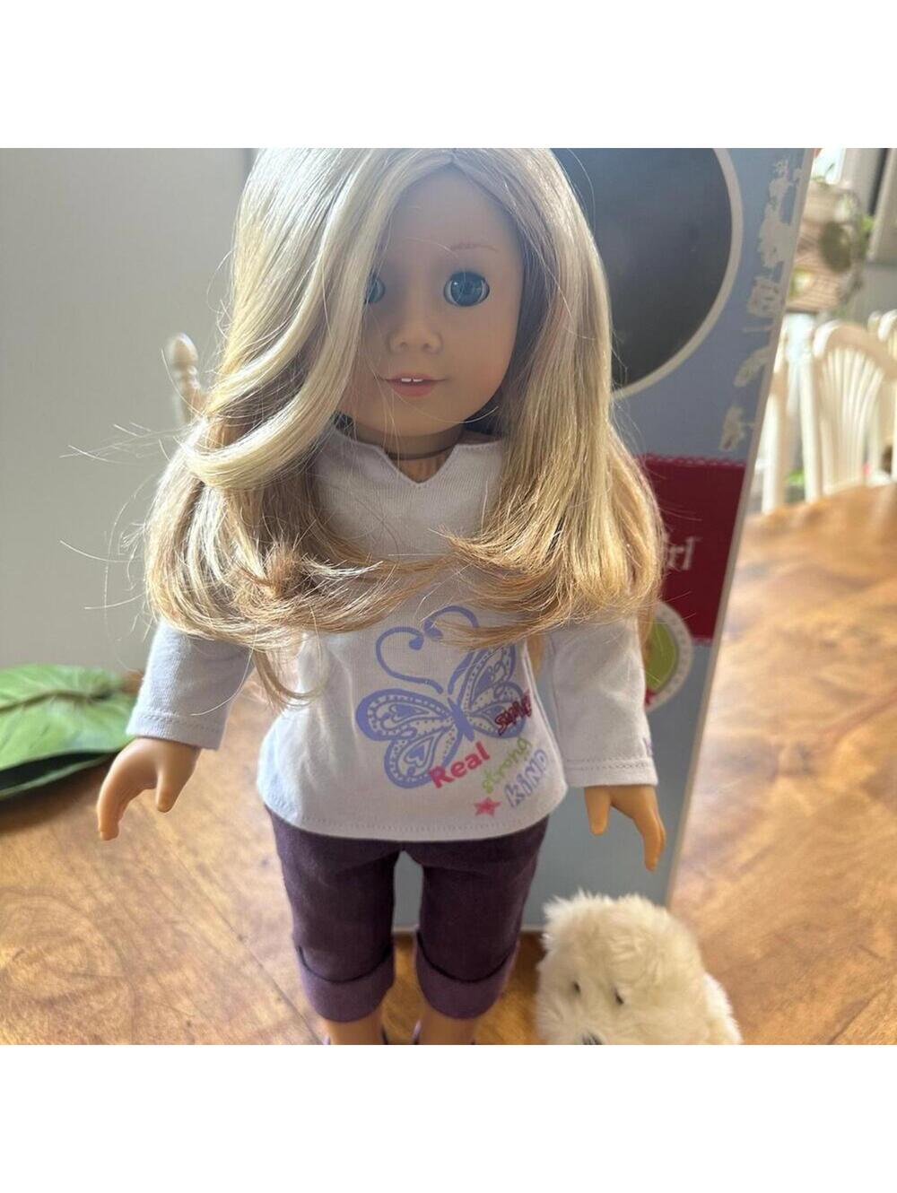American Girl Blonde Doll with Purple Outfit and Plush Dog